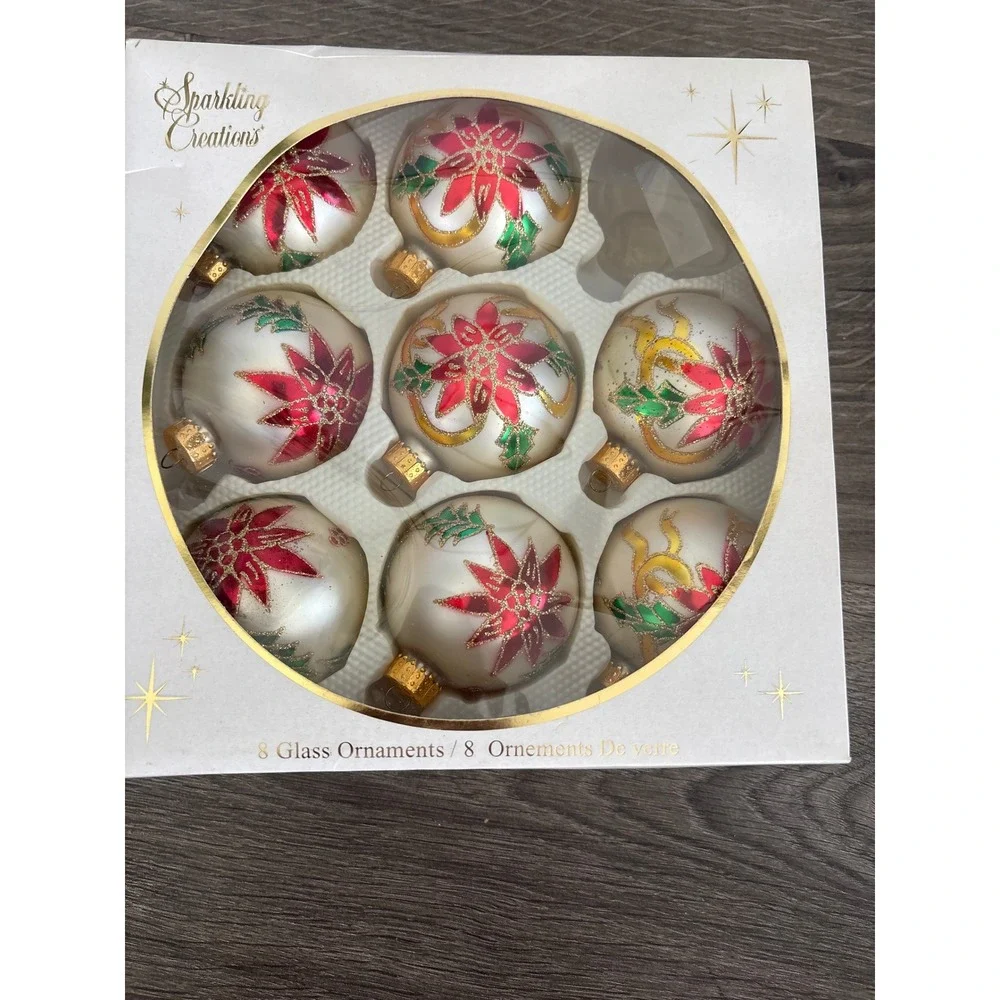 Vintage Hand Painted Christmas Ornaments 7 Poinsettia White Gold Glitter